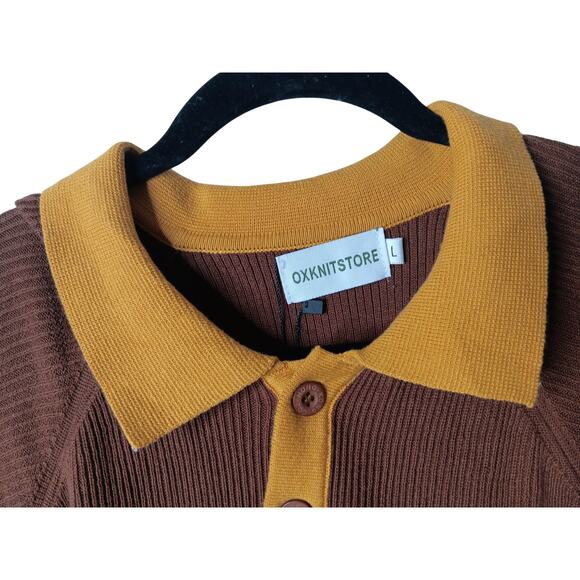 New OXKnit Store Retro Polo Sweater Large Brown Mustard Striped Ribbed Knit Top - Picture 6 of 15